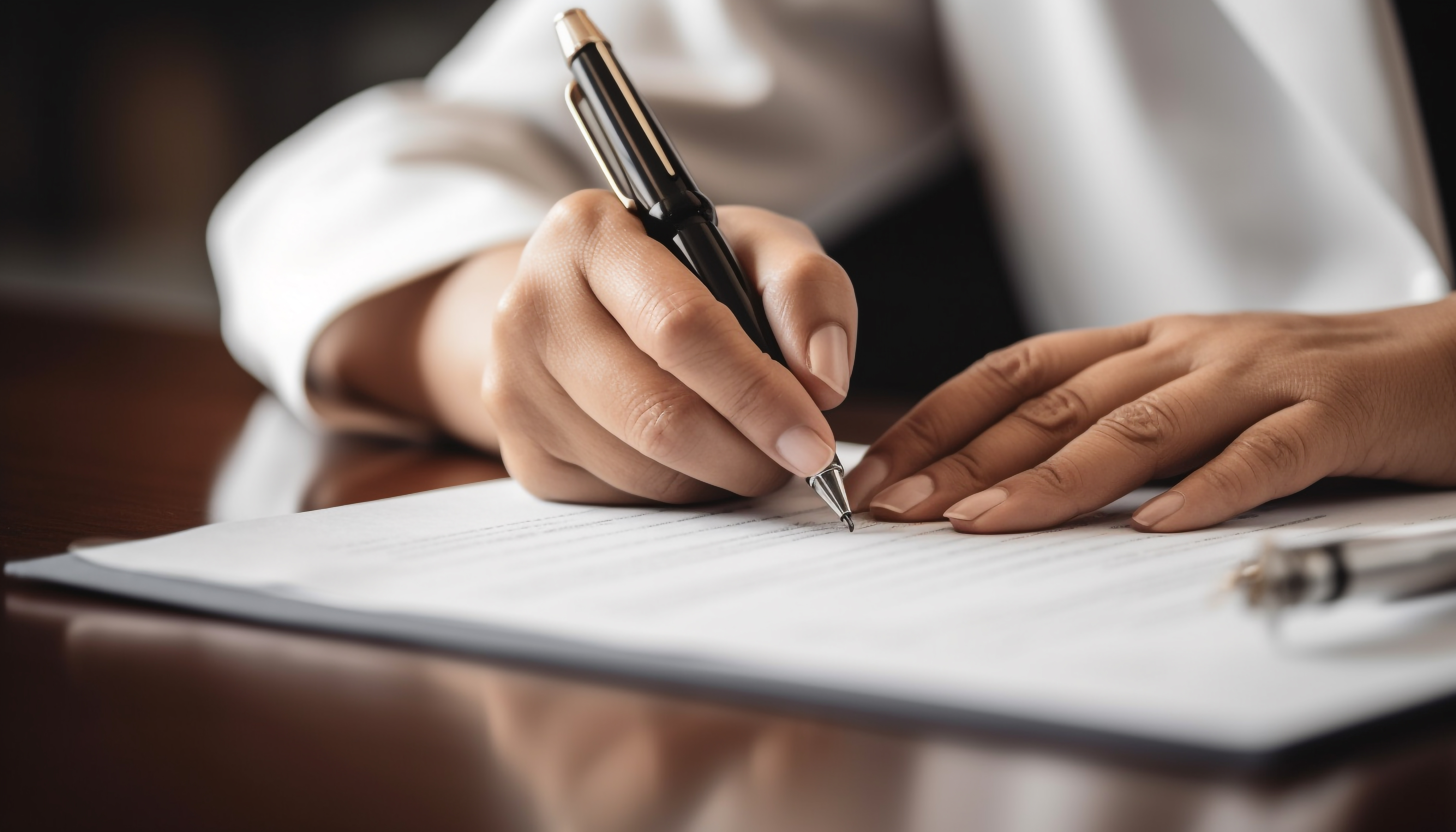 Business person holding ballpoint pen, writing contract on desk indoors generated by artificial intelligence